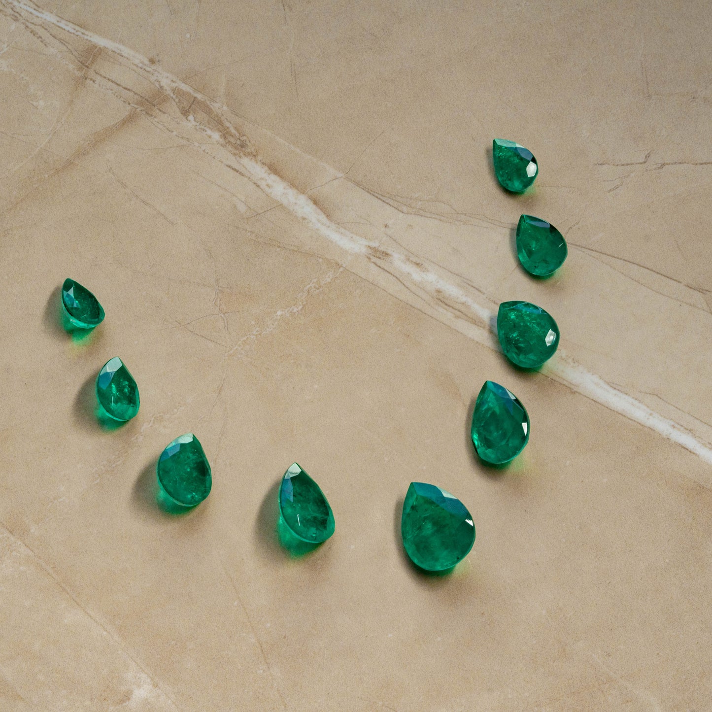 Green Doublet Pear Layout 9 piece 68 carats