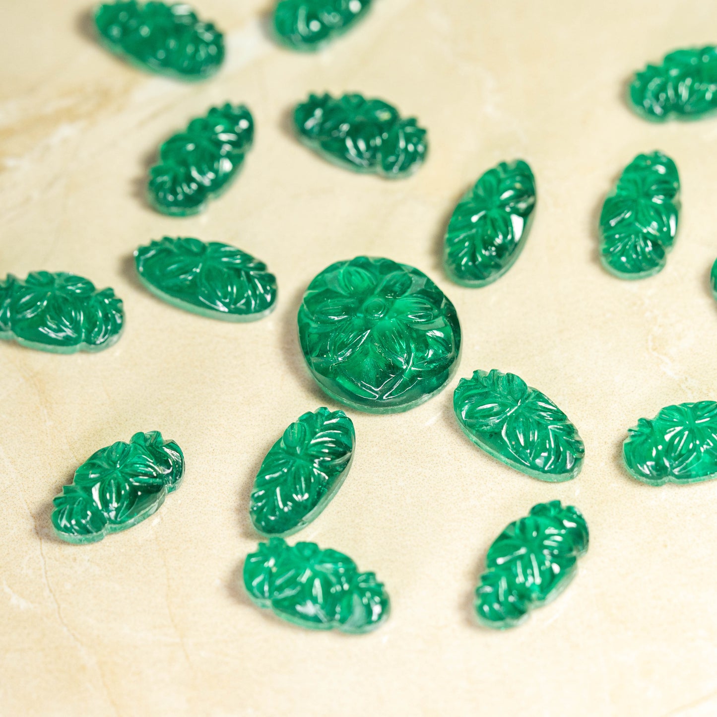 Green Doublet Carving Layout 17 pieces 87.75 carat